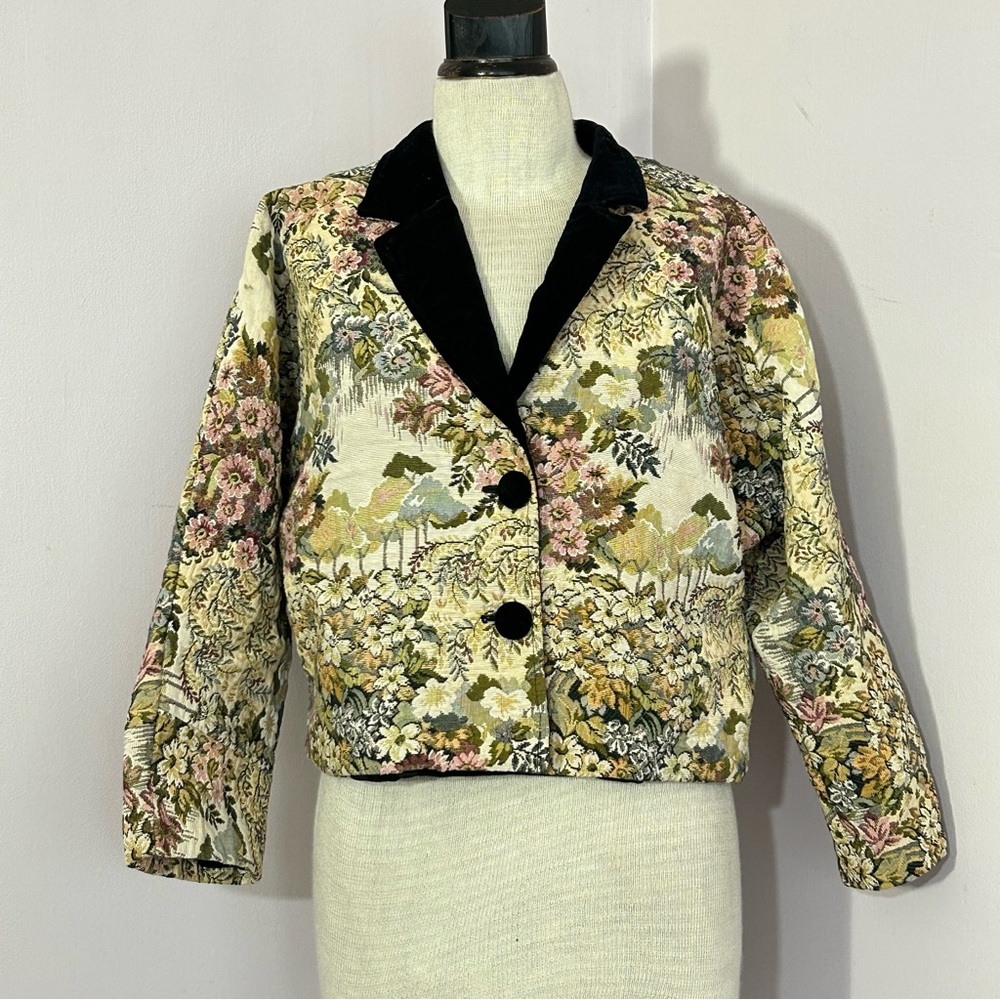Deco Dior vibe Floral Tapestry Cropped Blazer with Black Velvet Collar